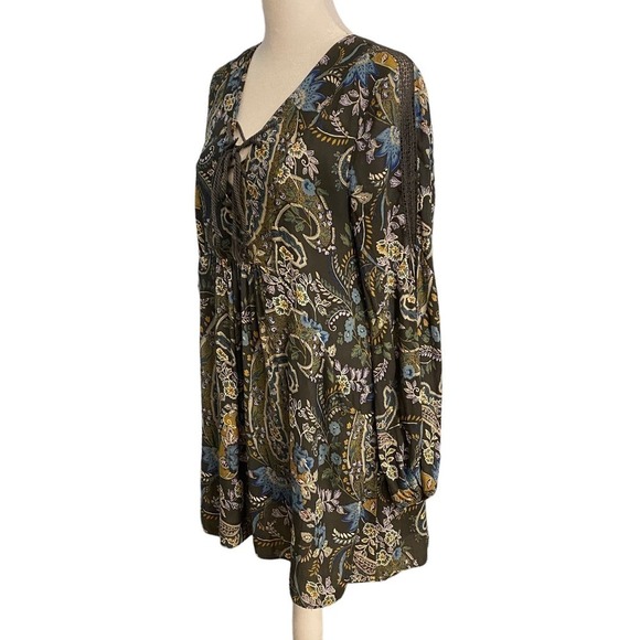 Free People Womens Rain or Shine Crochet Trim Boho Dress Paisley Print Green XS - Picture 5 of 10
